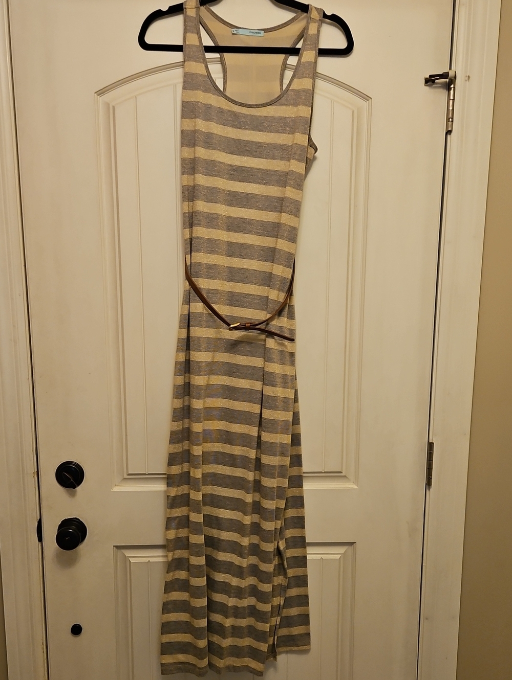 Maurices Beige/Gold & Navy Striped Scoop Neck Maxi Dress
